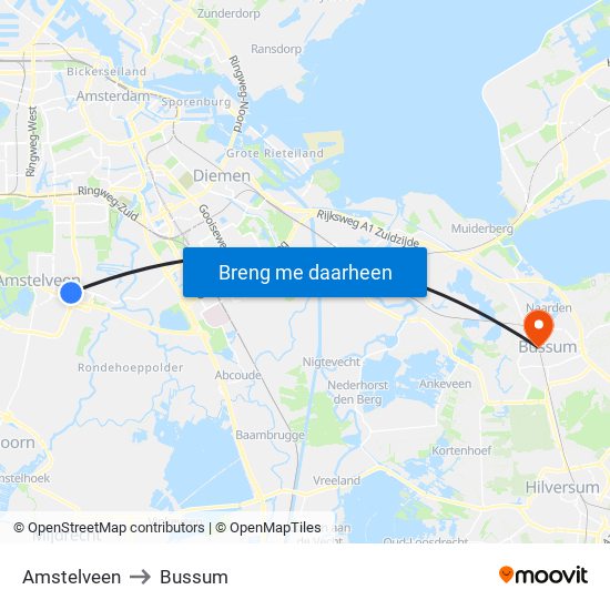 Amstelveen to Bussum map