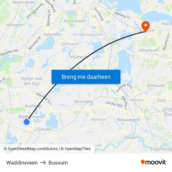 Waddinxveen to Bussum map
