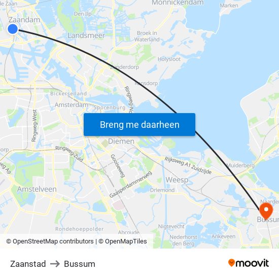 Zaanstad to Bussum map