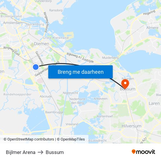Bijlmer Arena to Bussum map