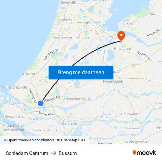 Schiedam Centrum to Bussum map