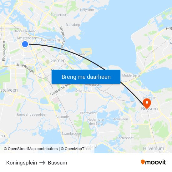 Koningsplein to Bussum map