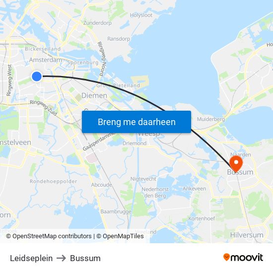 Leidseplein to Bussum map