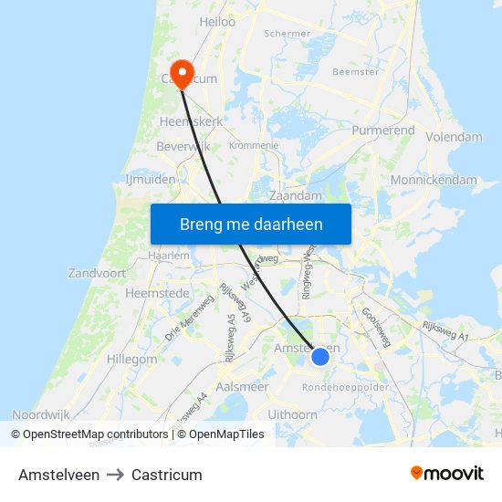 Amstelveen to Castricum map
