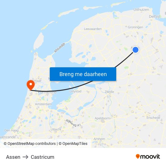 Assen to Castricum map
