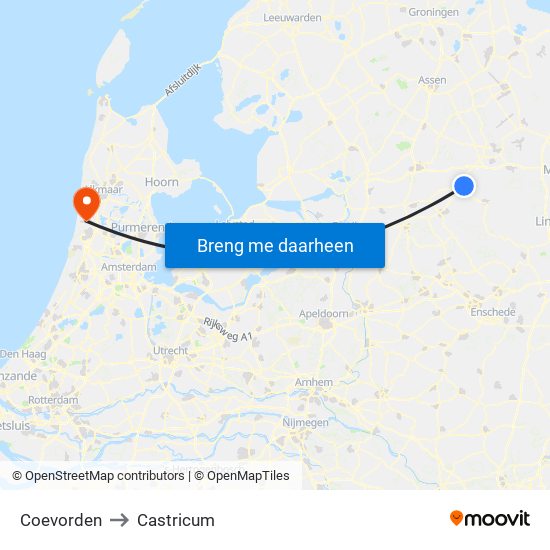 Coevorden to Castricum map