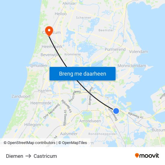Diemen to Castricum map