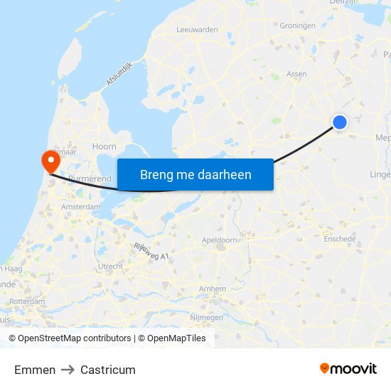 Emmen to Castricum map