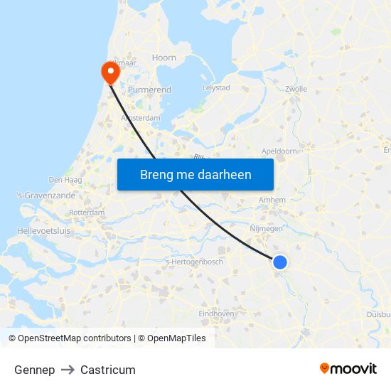 Gennep to Castricum map