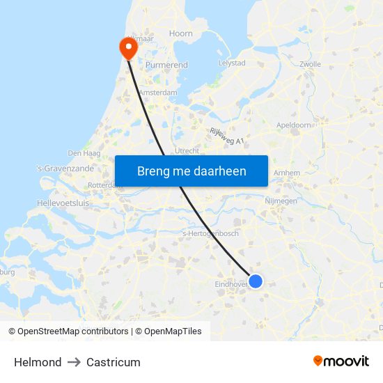Helmond to Castricum map