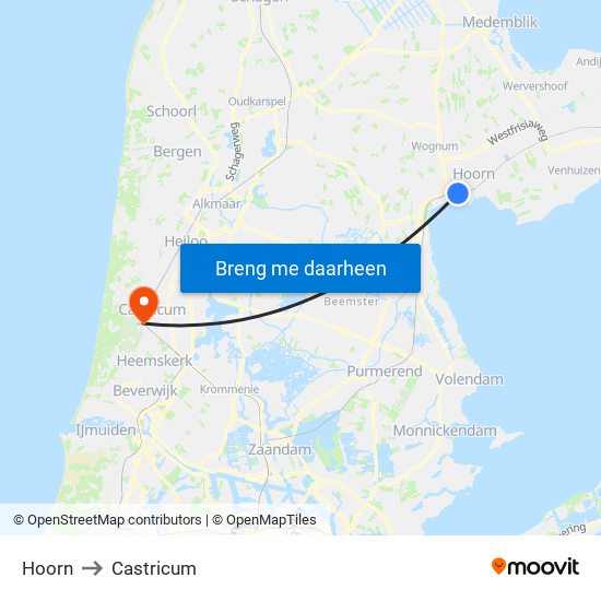 Hoorn to Castricum map