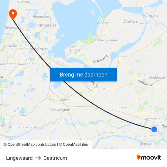 Lingewaard to Castricum map