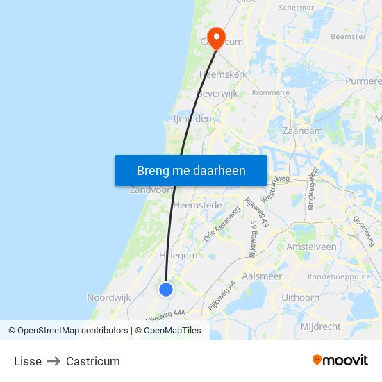 Lisse to Castricum map