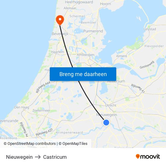 Nieuwegein to Castricum map