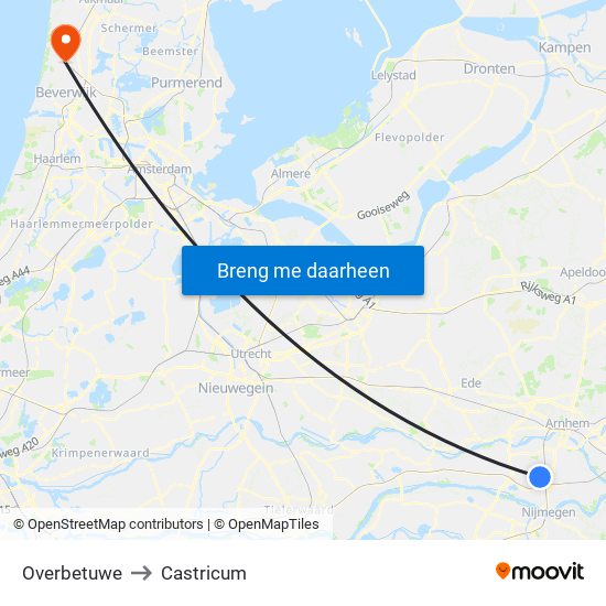 Overbetuwe to Castricum map