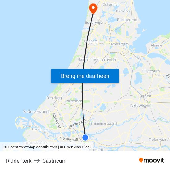 Ridderkerk to Castricum map