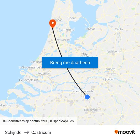 Schijndel to Castricum map