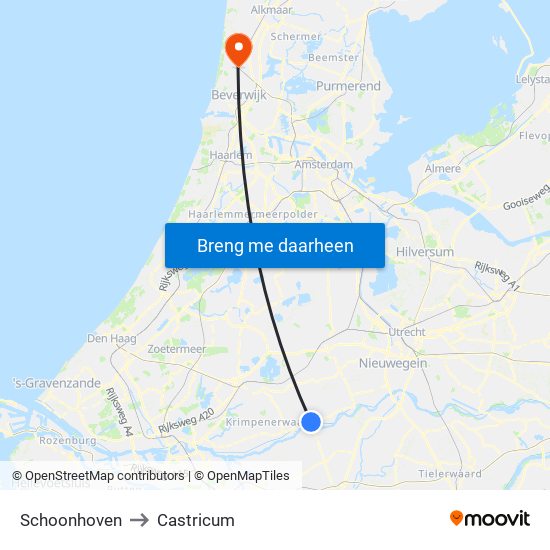 Schoonhoven to Castricum map