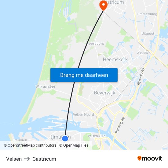 Velsen to Castricum map