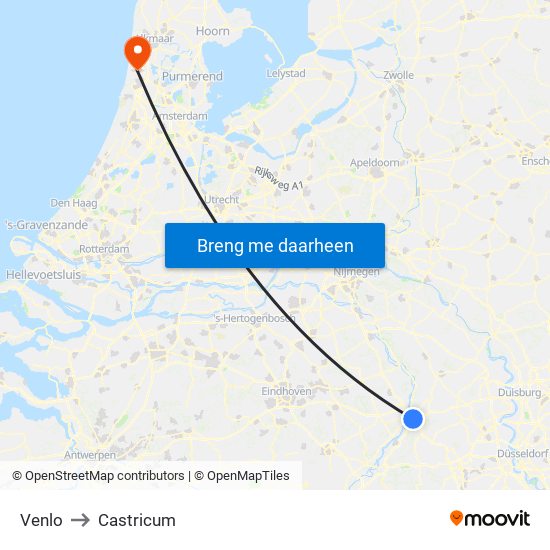 Venlo to Castricum map