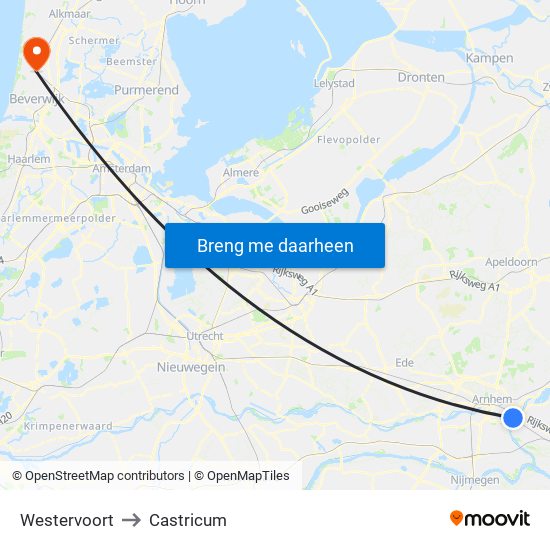 Westervoort to Castricum map