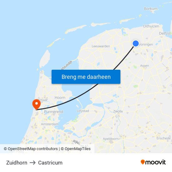 Zuidhorn to Castricum map