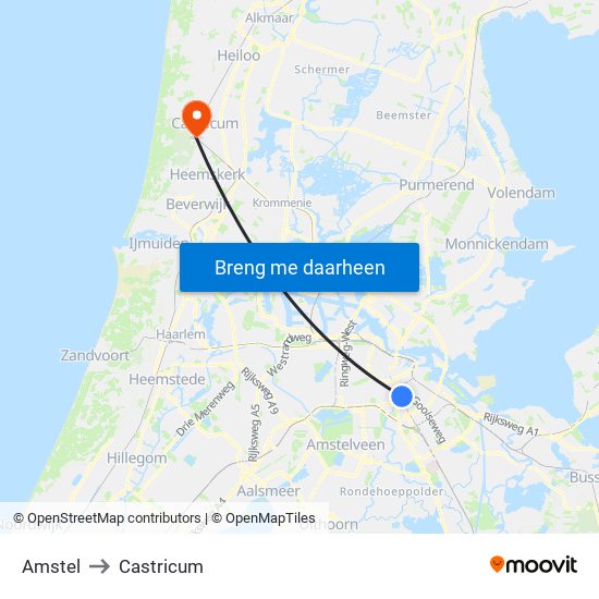 Amstel to Castricum map