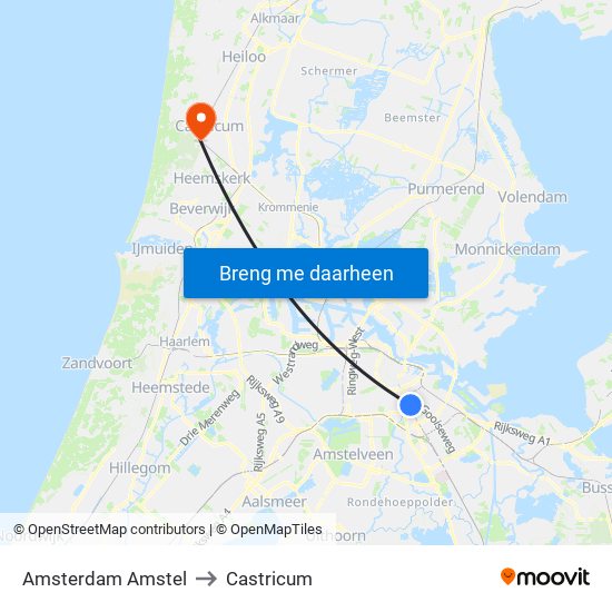 Amsterdam Amstel to Castricum map