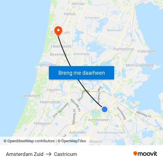 Amsterdam Zuid to Castricum map