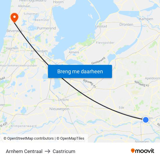 Arnhem Centraal to Castricum map