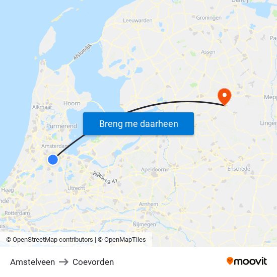 Amstelveen to Coevorden map