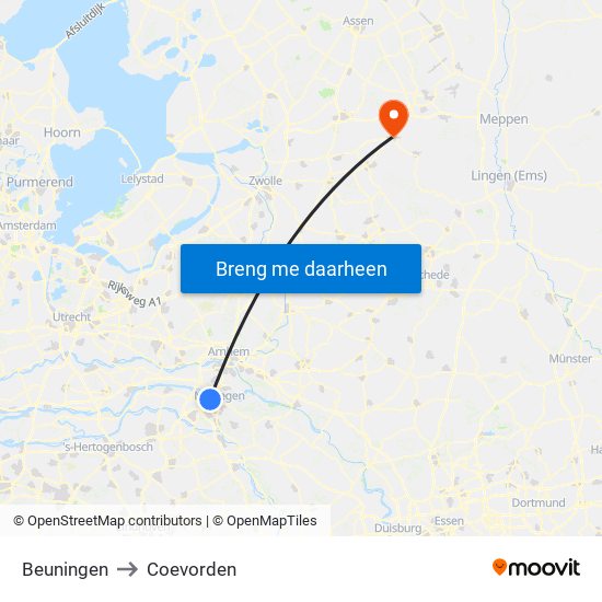 Beuningen to Coevorden map