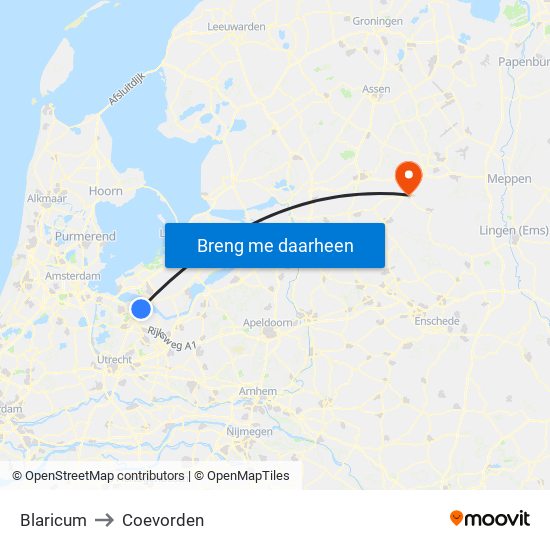 Blaricum to Coevorden map