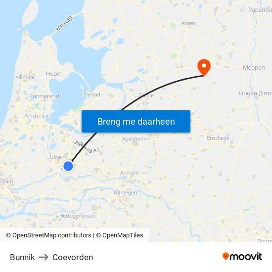 Bunnik to Coevorden map