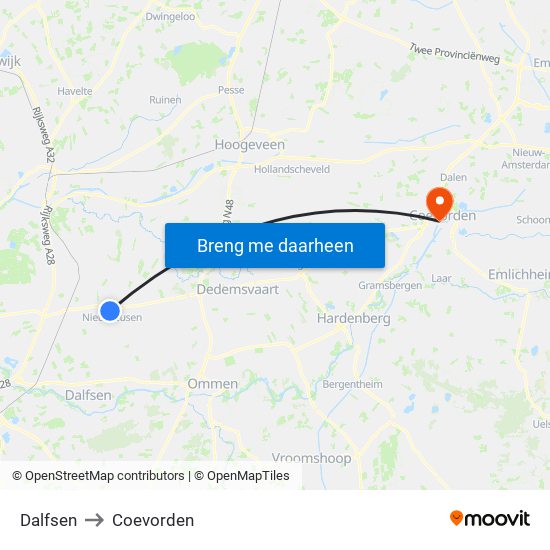 Dalfsen to Coevorden map