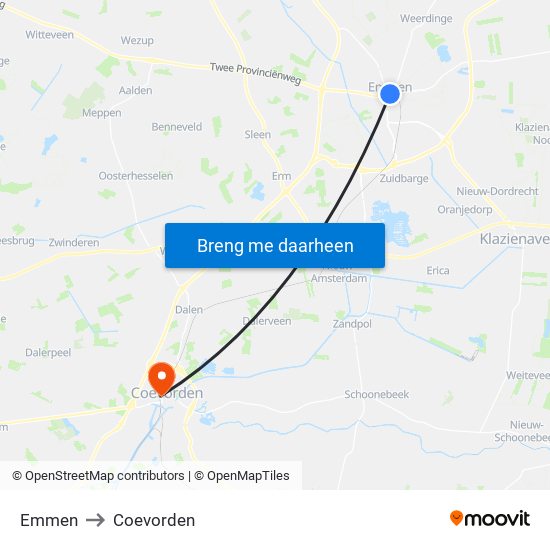 Emmen to Coevorden map