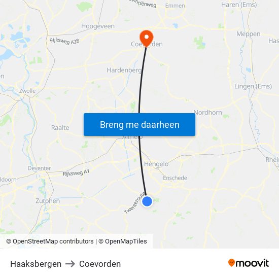 Haaksbergen to Coevorden map