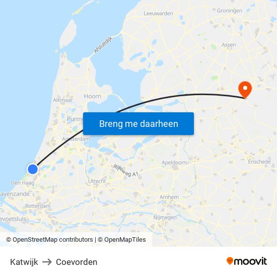 Katwijk to Coevorden map