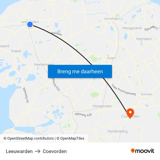 Leeuwarden to Coevorden map