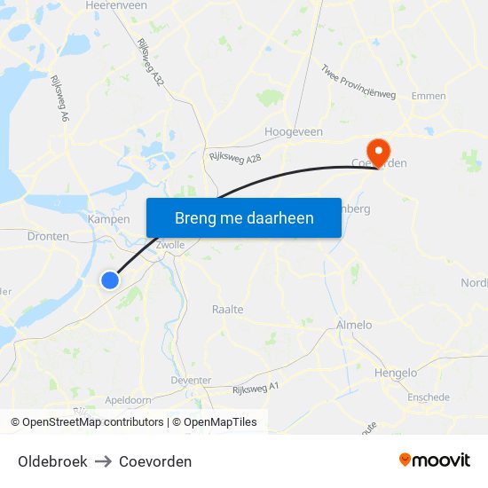 Oldebroek to Coevorden map