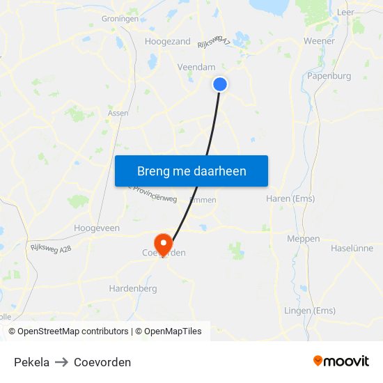 Pekela to Coevorden map