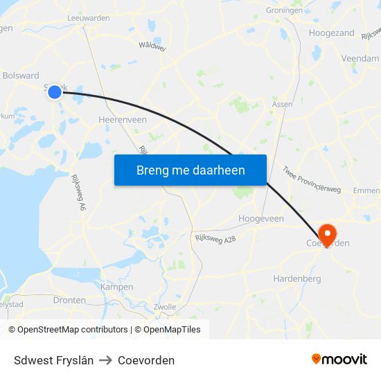 Sdwest Fryslân to Coevorden map