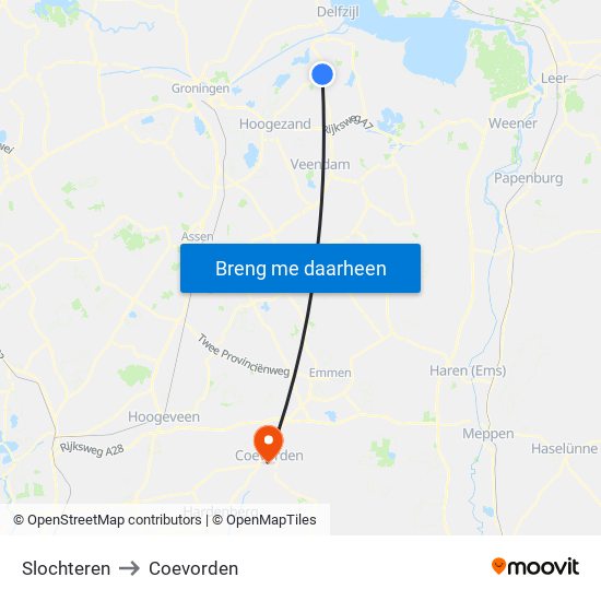 Slochteren to Coevorden map