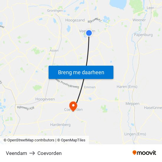 Veendam to Coevorden map