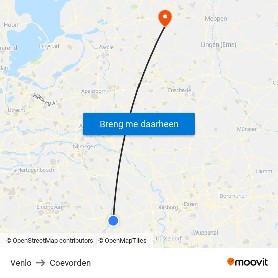 Venlo to Coevorden map