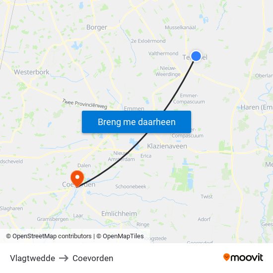 Vlagtwedde to Coevorden map