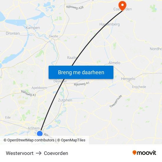 Westervoort to Coevorden map