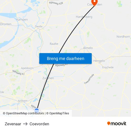 Zevenaar to Coevorden map