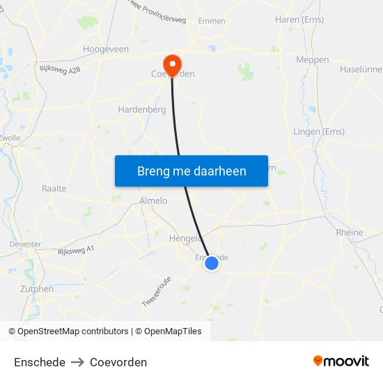 Enschede to Coevorden map