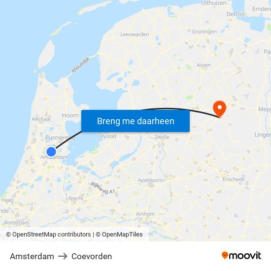 Amsterdam to Coevorden map